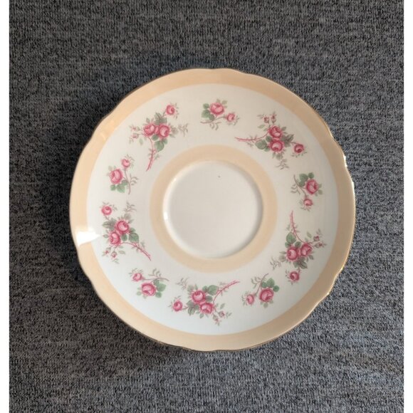 Shelley China Cup & Saucer in Rose/Rosebud Floral Pattern with Peach/Cream Bands - Picture 3 of 5